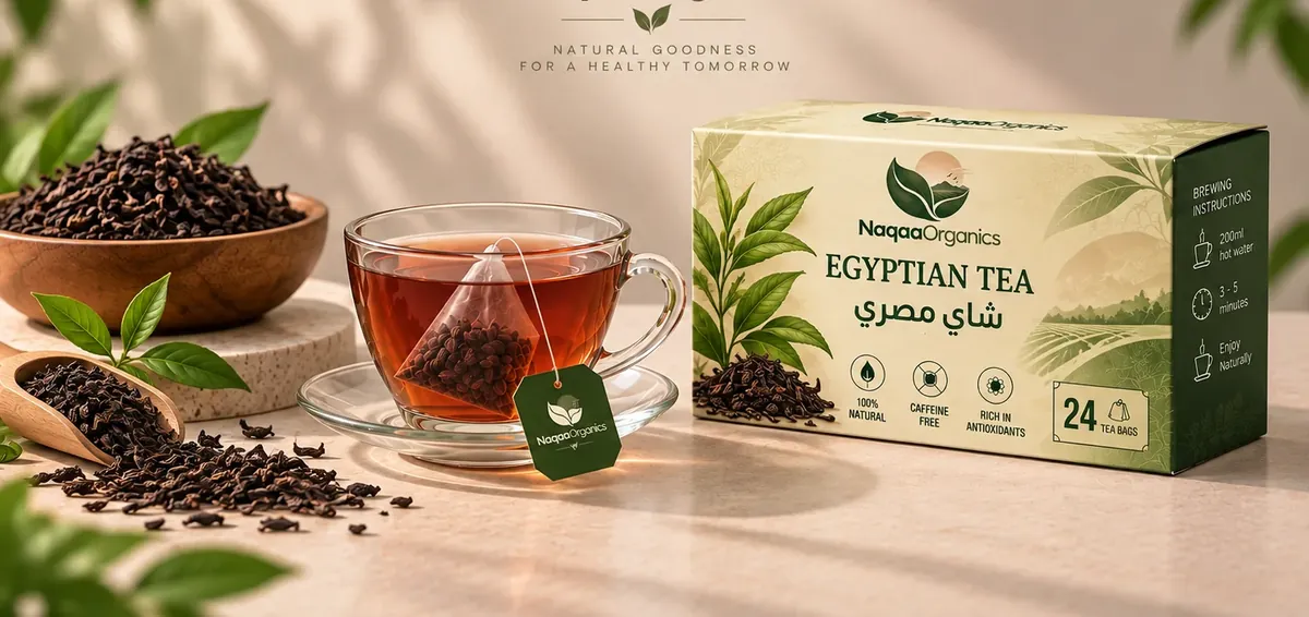 Naqaa Organics Egyptian tea box with a cup of tea and loose black tea