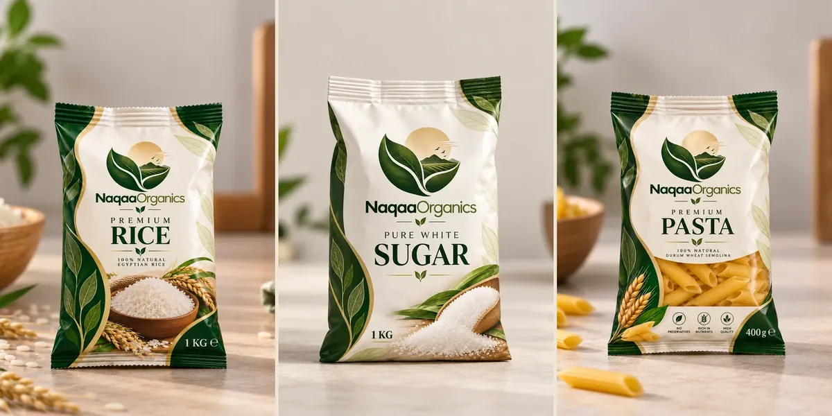 Naqaa Organics packs of rice, sugar and pasta