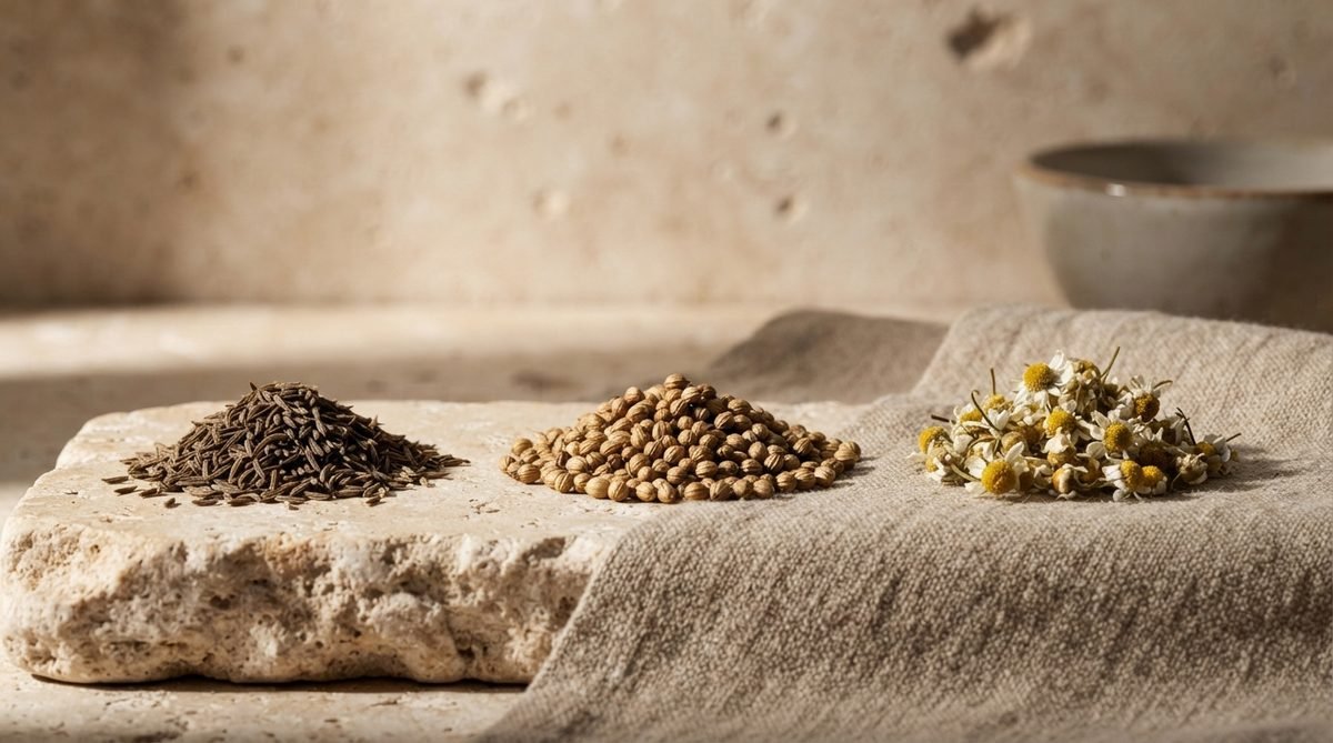 Dried Egyptian herbs and spices: hibiscus, chamomile, cumin and more